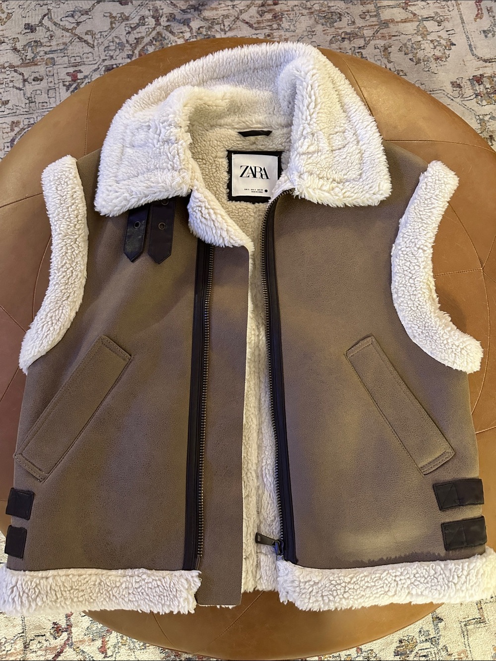 ZARA Taupe Faux-Shearling Vest with Cream Trim
